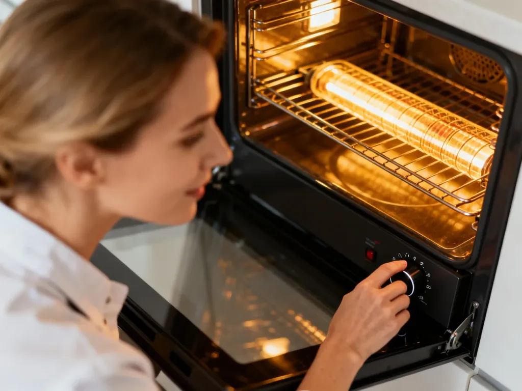 Kobieta ustawia temperaturę w nowoczesnym piekarniku elektrycznym, przygotowując urządzenie do pieczenia.