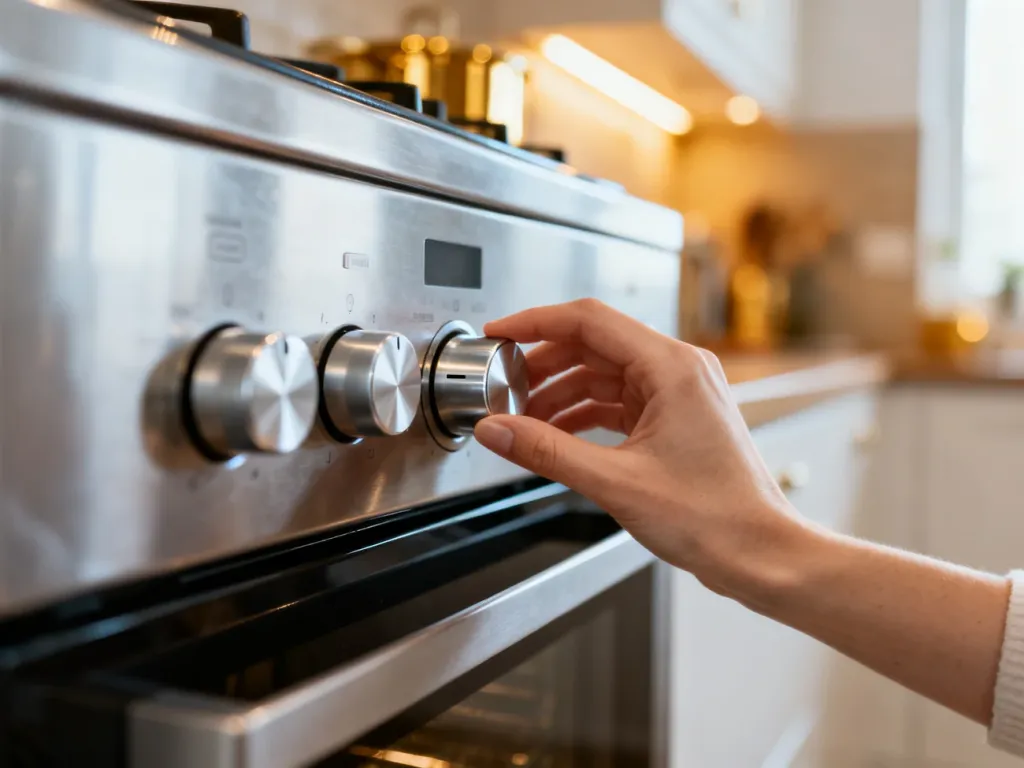 Dłoń ustawiająca srebrne pokrętło na panelu sterowania piekarnika Mastercook w nowoczesnej kuchni.