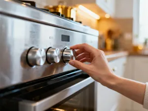 Mężczyzna trzyma w dłoniach nowoczesny zawór do pralki, prezentując element instalacji w domowej pralni.
