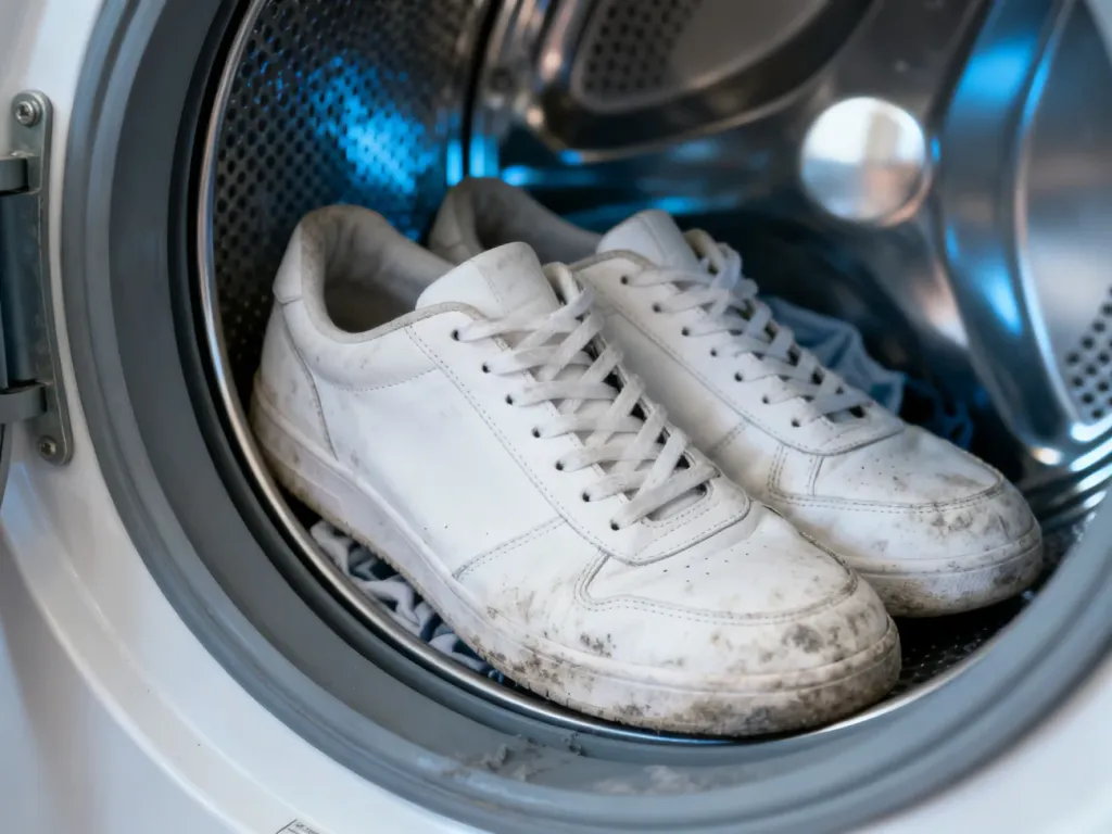 Brudne białe sneakersy umieszczone wewnątrz bębna pralki, gotowe do czyszczenia.
