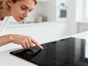 Zirytowany mężczyzna klęczący przed otwartą zmywarką w nowoczesnej kuchni, obrazujący problem techniczny z urządzeniem.