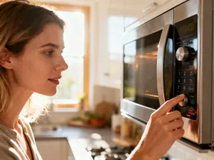 Kobieta ustawia temperaturę w nowoczesnym piekarniku elektrycznym, przygotowując urządzenie do pieczenia.