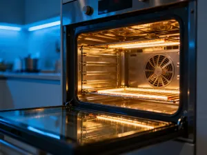 Kobieta ustawia temperaturę w nowoczesnym piekarniku elektrycznym, przygotowując urządzenie do pieczenia.